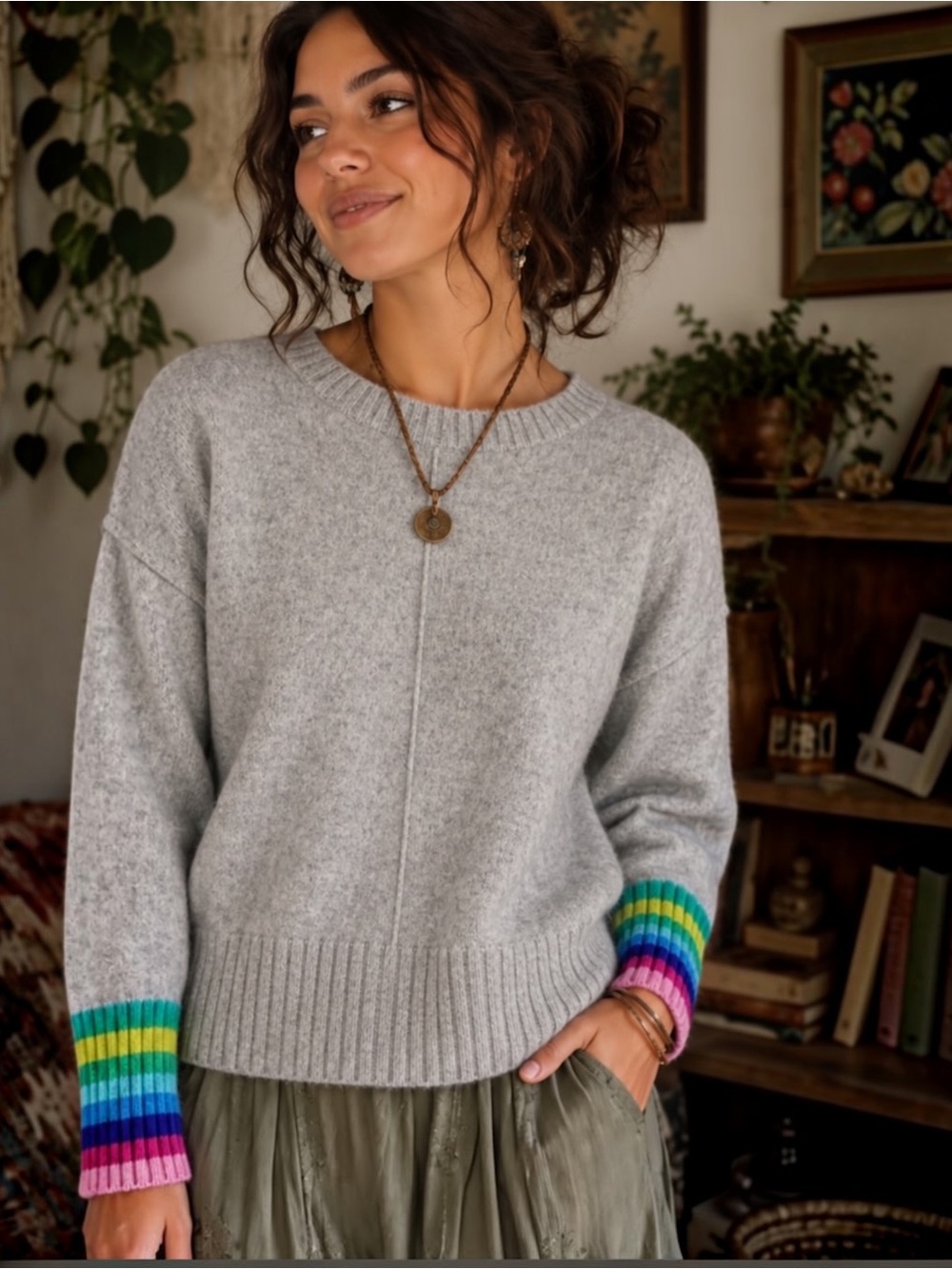 Alashan 100% Cashmere Gray Rainbow Stripe Cuff Crewneck Sweater Sz S Cozy Chic